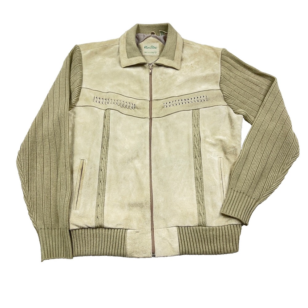 Vintage Mens Store Jacket Men Large Tan Suede Leather Knit Bomber Unlined 80s